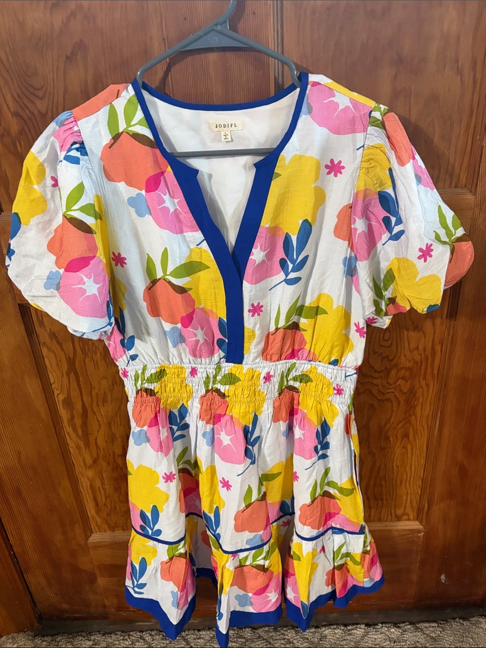 JODIFL Colorful Floral Smocked Waist Dress with Blue Trim